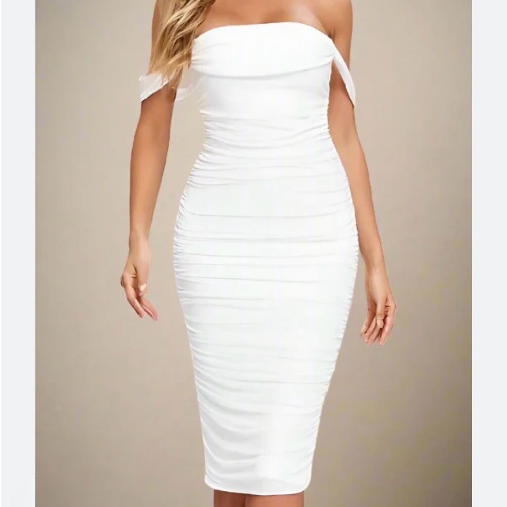 Bodycon Collection Elegant White Off-Shoulder Bandage Ruched Dress XS